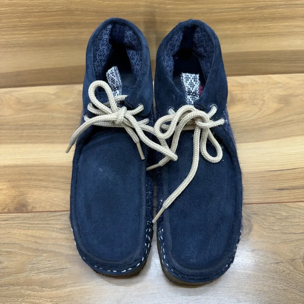 Clarks Wallabee Originals Sashiko Navy Mens 8 Blue Suede Wool Moc Toe Desert